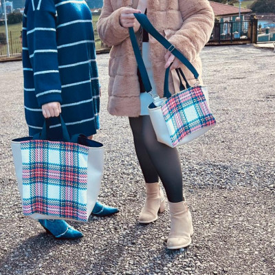 Bolso pocket TARTAN coral + polipiel beig - personalizable