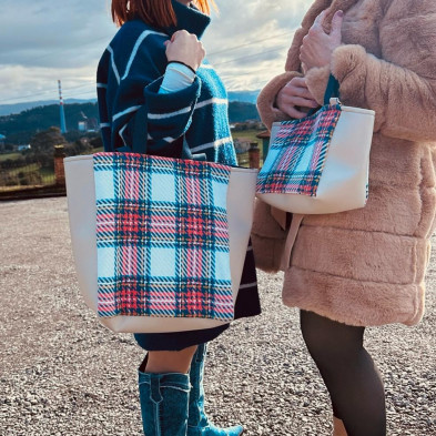 Totebag TARTAN coral + polipiel beig - personalizable