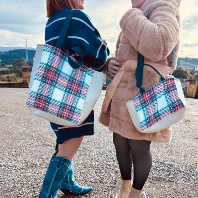 Totebag TARTAN coral + polipiel beig - personalizable