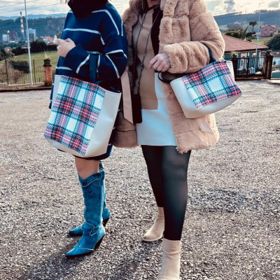 Totebag TARTAN coral + polipiel beig - personalizable